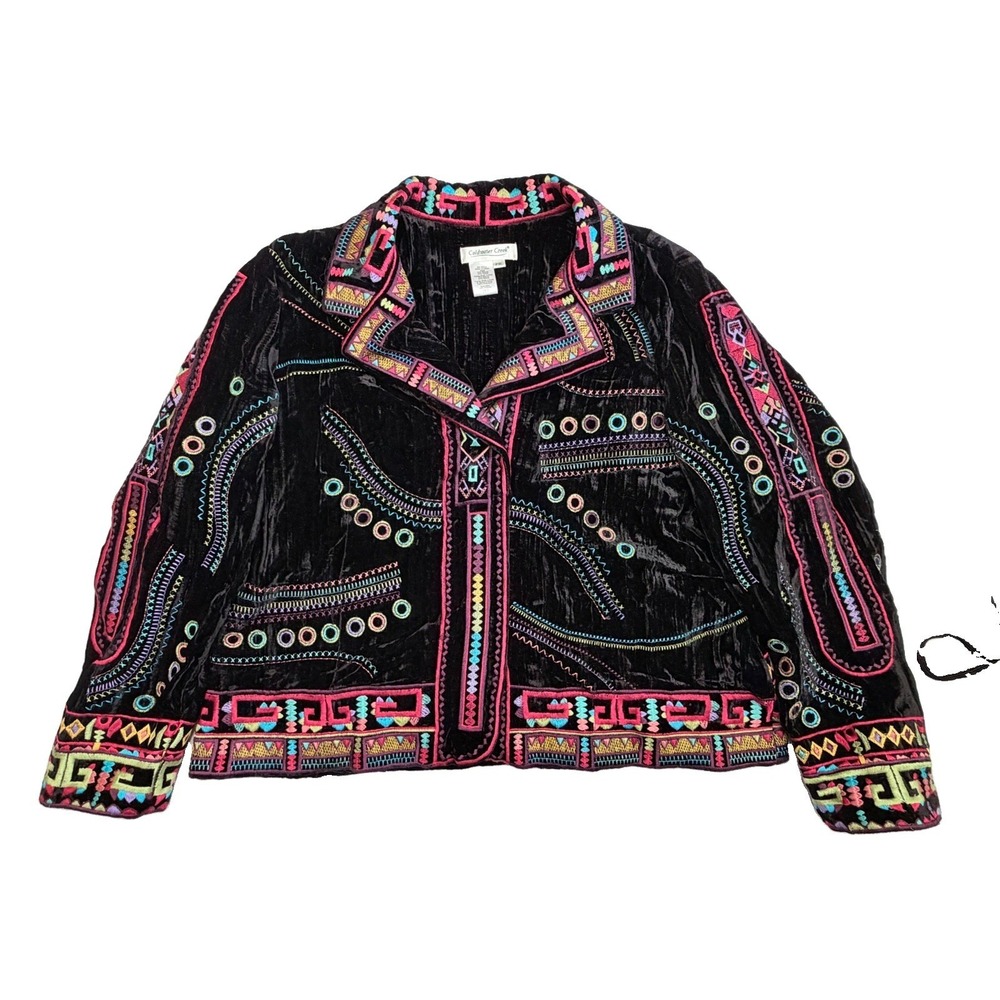 Vintage Coldwater Creek Velvet Sequin Ribbon Jacket Boho Patchwork Tapestry PXL